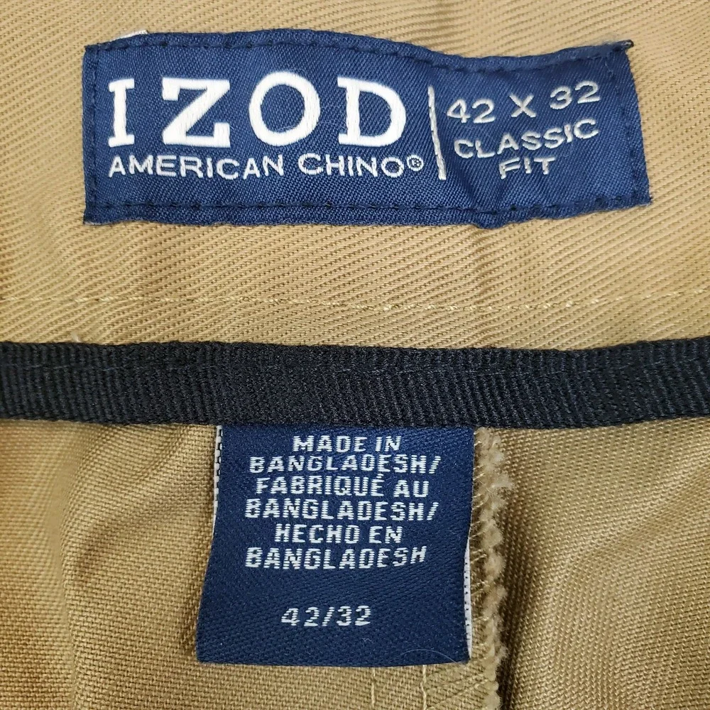 IZOD American Chino Khaki Tan Classic Fit 100% Cotton Men's Size 42x32